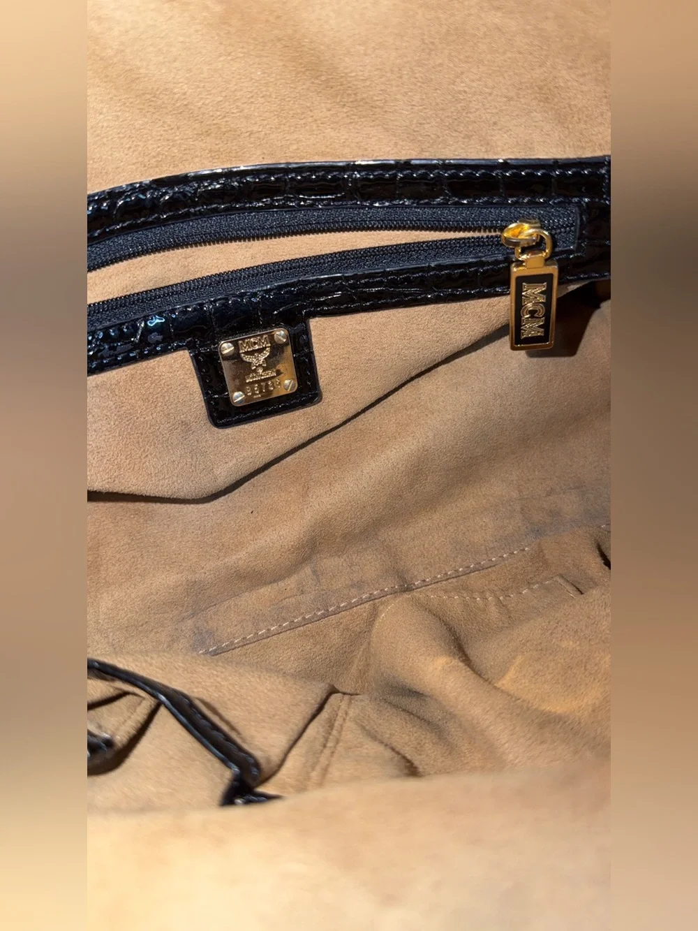 MCM Black Croc-Embossed Leather Satchel with Gold Logo Plaque